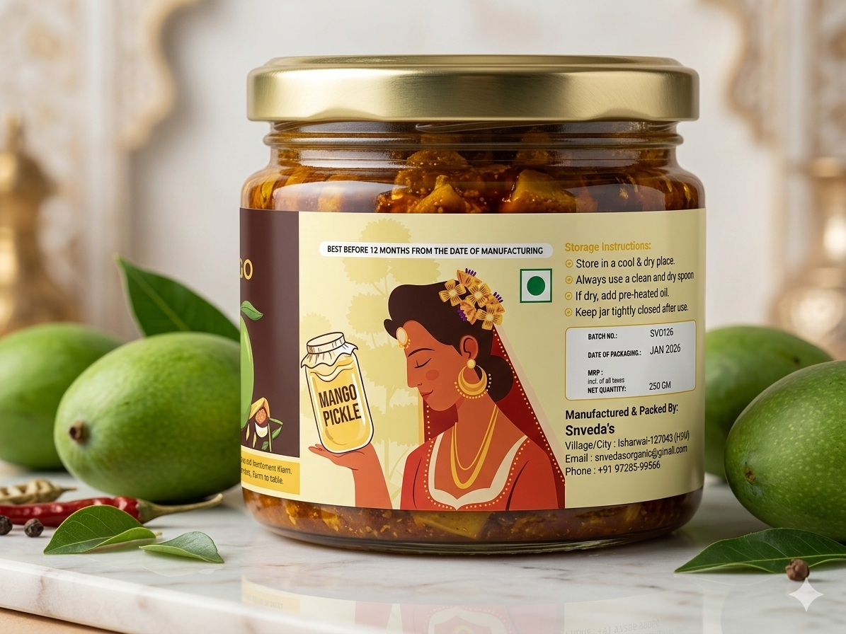 Jar of mango pickle with a decorative label featuring an illustration of a woman, surrounded by green mangoes.