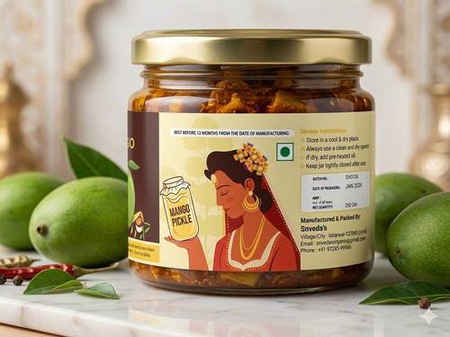 Jar of mango pickle with a decorative label featuring an illustration of a woman, surrounded by green mangoes.